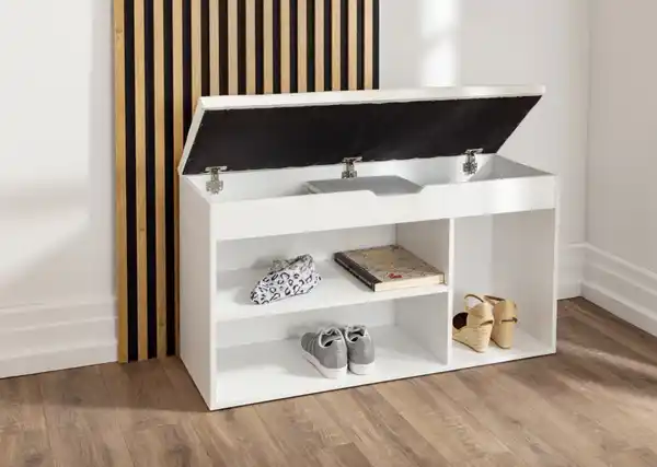 Bild 3 von Schuhschrank mit Sitzkissen & aufklappbare Sitzfläche & 3 Fächer, ca. 103,5 x 35 x 55 cm - Weiß