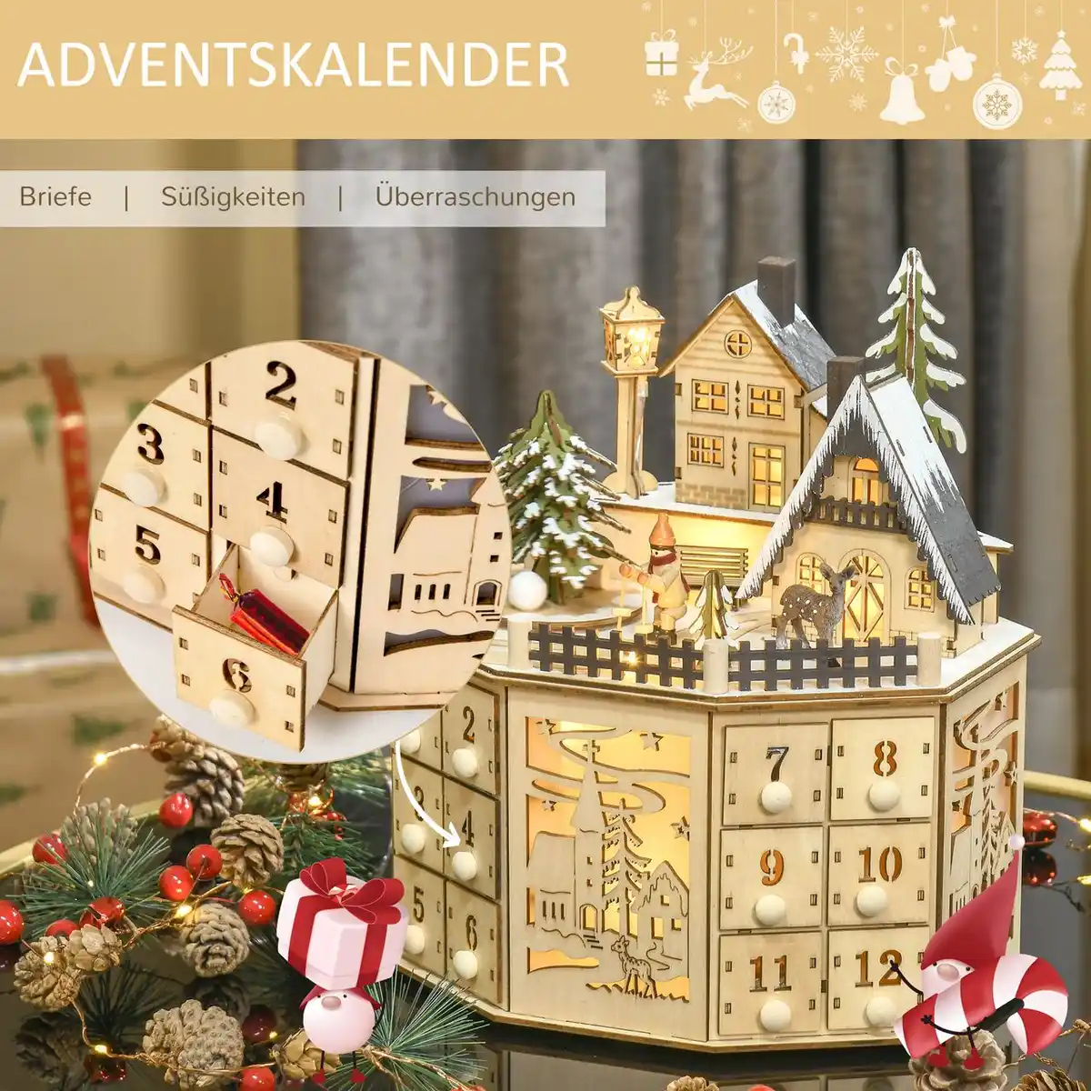 Bild 4 von Weihnachts-Adventskalender mit 24 Zugkästen Weihnachtskalender mit LED-Lichtern Adventskalenderbox Sperrholz-Platte Naturholz 25 x 20 x 29 cm