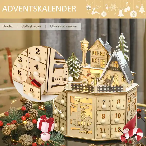 Bild 4 von Weihnachts-Adventskalender mit 24 Zugkästen Weihnachtskalender mit LED-Lichtern Adventskalenderbox Sperrholz-Platte Naturholz 25 x 20 x 29 cm
