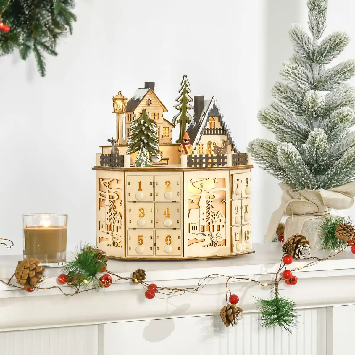 Bild 2 von Weihnachts-Adventskalender mit 24 Zugkästen Weihnachtskalender mit LED-Lichtern Adventskalenderbox Sperrholz-Platte Naturholz 25 x 20 x 29 cm