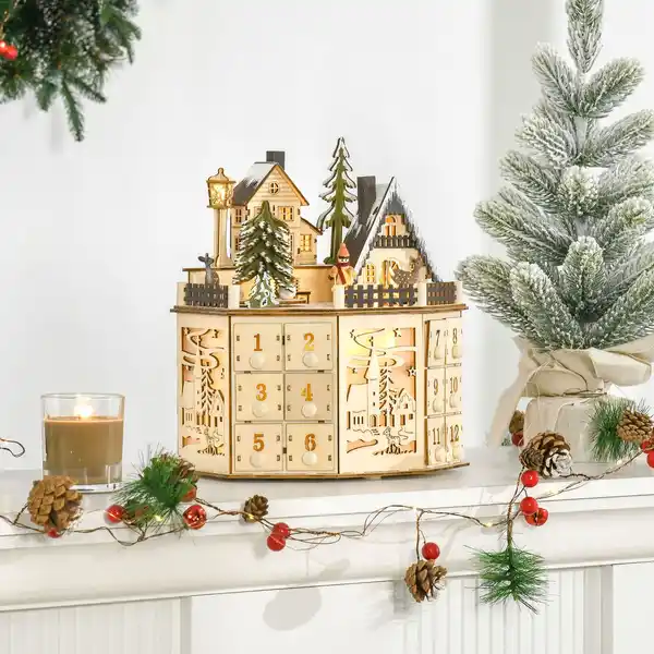 Bild 2 von Weihnachts-Adventskalender mit 24 Zugkästen Weihnachtskalender mit LED-Lichtern Adventskalenderbox Sperrholz-Platte Naturholz 25 x 20 x 29 cm
