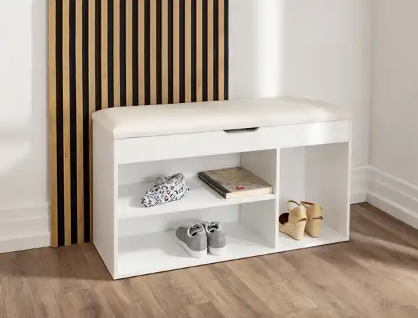 Bild 2 von Schuhschrank mit Sitzkissen & aufklappbare Sitzfläche & 3 Fächer, ca. 103,5 x 35 x 55 cm - Weiß