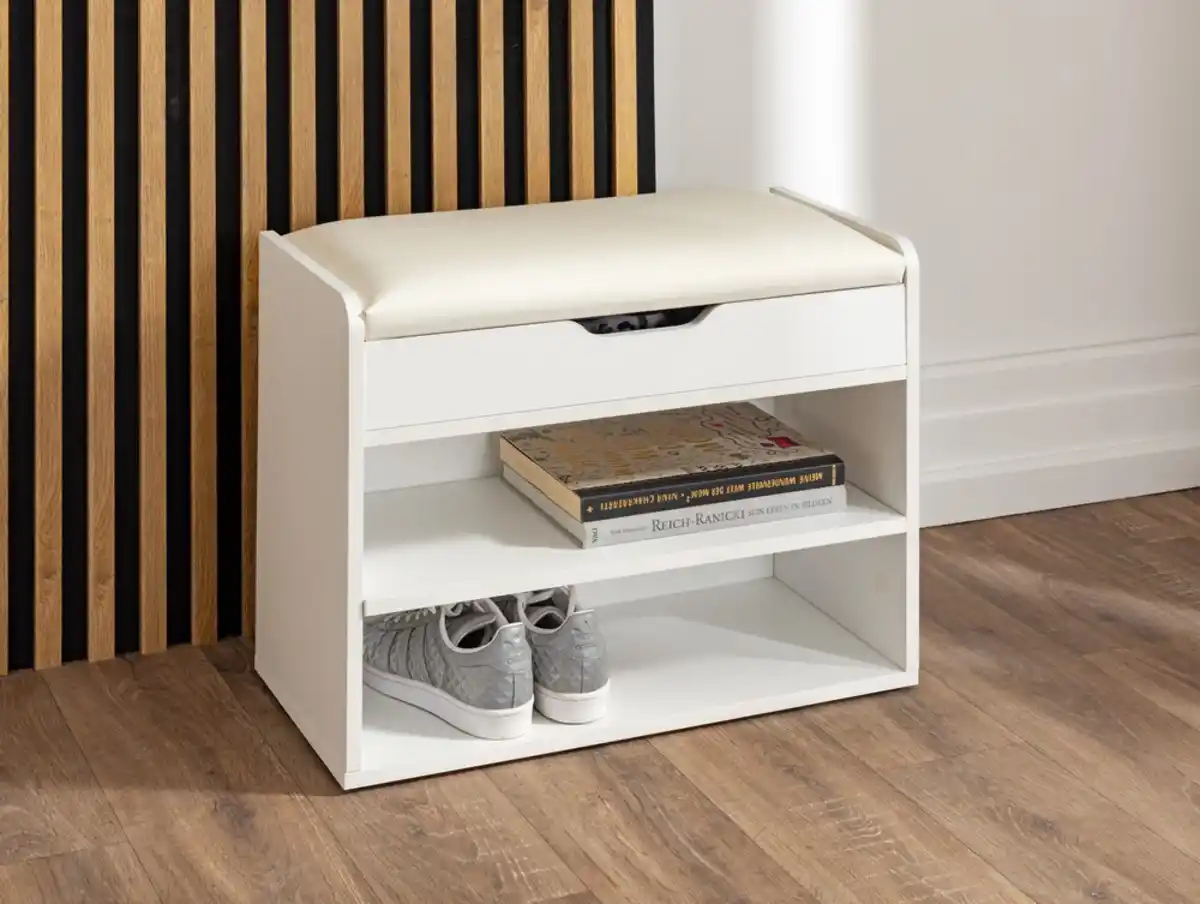 Bild 2 von Schuhschrank mit Sitzkissen & aufklappbare Sitzfläche, ca. 60 x 29,5 x 45 cm - Weiß