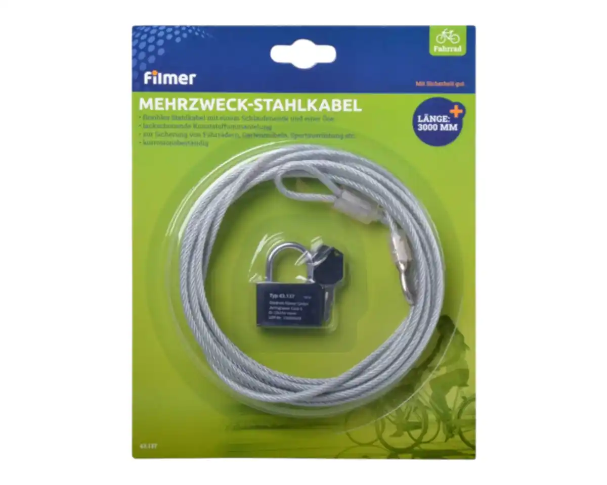 Bild 1 von Stahlkabel mit Vorhängeschloss, 3m