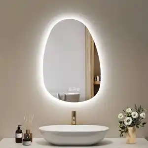 Emke LED Badspiegel mit Anti-Beschlag 65 x 45 cm Asymmetrisch Spiegel mit 3 Dimmbare Lichtfarben