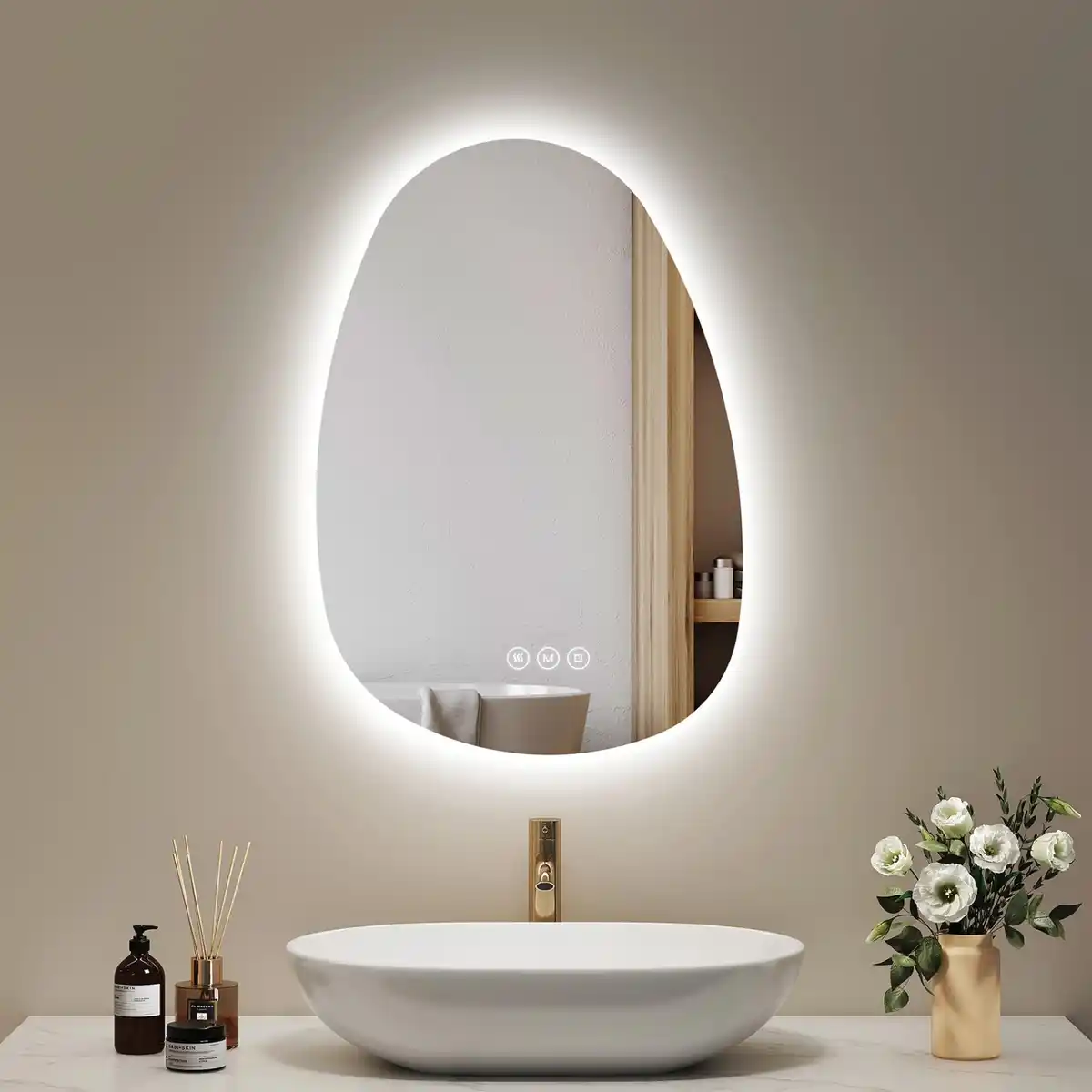 Bild 1 von Emke LED Badspiegel mit Anti-Beschlag 65 x 45 cm Asymmetrisch Spiegel mit 3 Dimmbare Lichtfarben