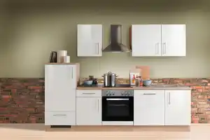 Menke Küchenblock Premium Weiß Hochgl./Eiche ca. 280 cm, Sonoma Eiche, Weiß Hochglanz