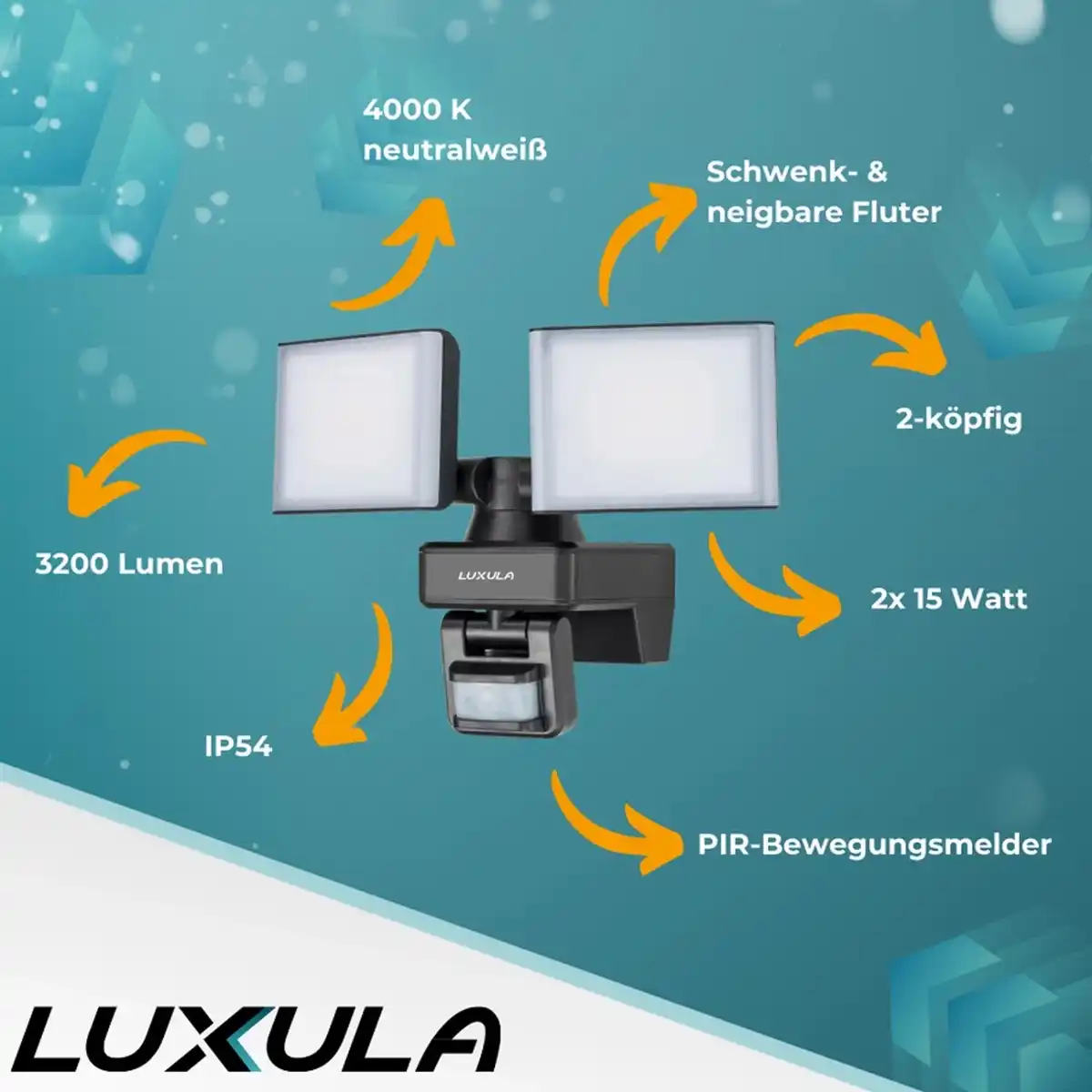 Bild 2 von LUXULA LED Strahler Fluter 2x15W 3200lm 4000K Neutralweiß Bewegungsmelder 2 Köpfe IP54