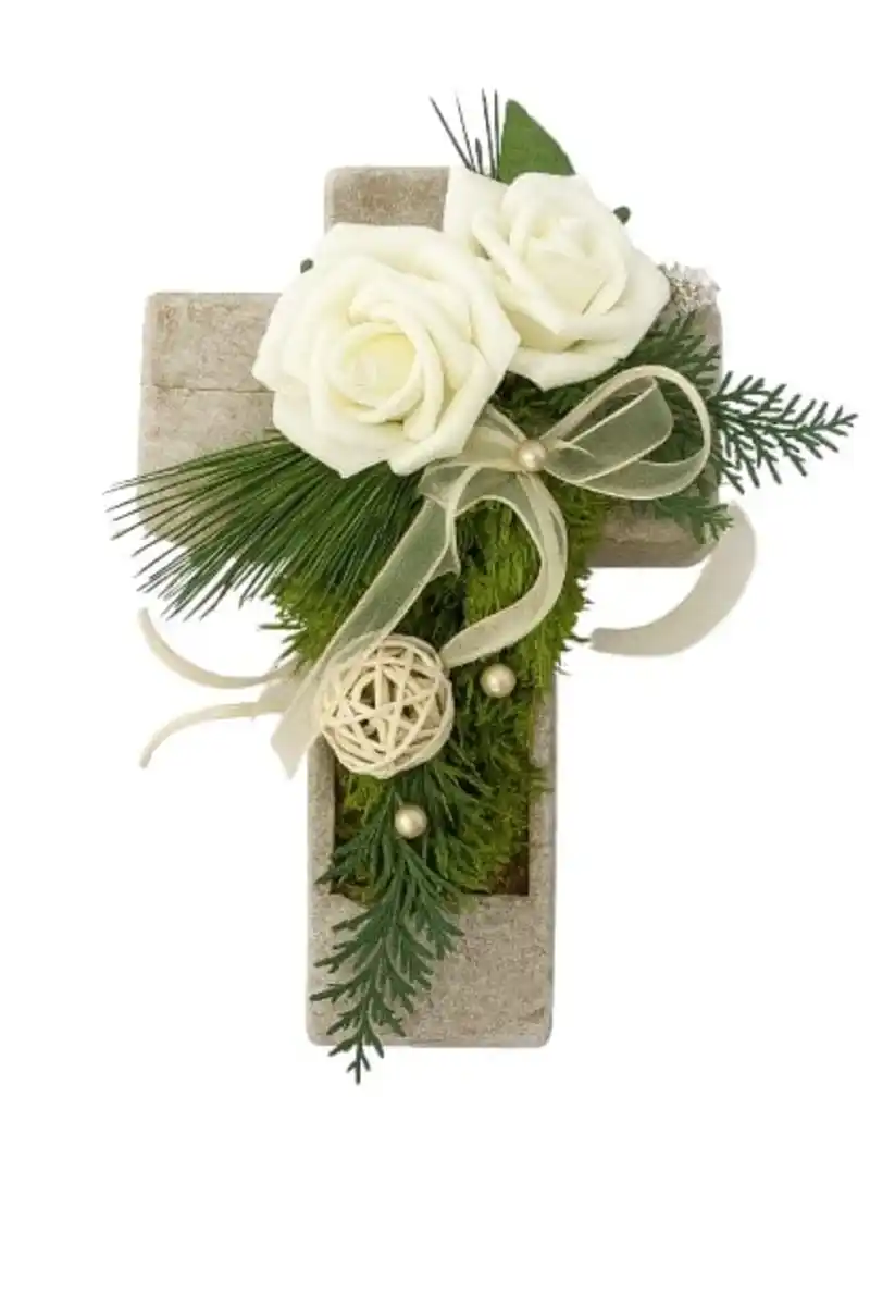 Bild 1 von Grabgesteck Kreuz mit cremefarbenen Rosen L 23 x B 19 cm