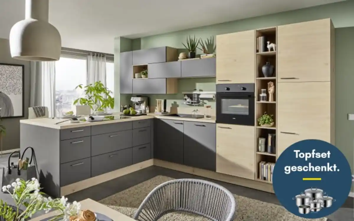 Bild 1 von Express Küchen - Einbauküche Wida/Plamos, Wildeiche Nachbildung/anthrazit matt, inkl. Elektrogeräte