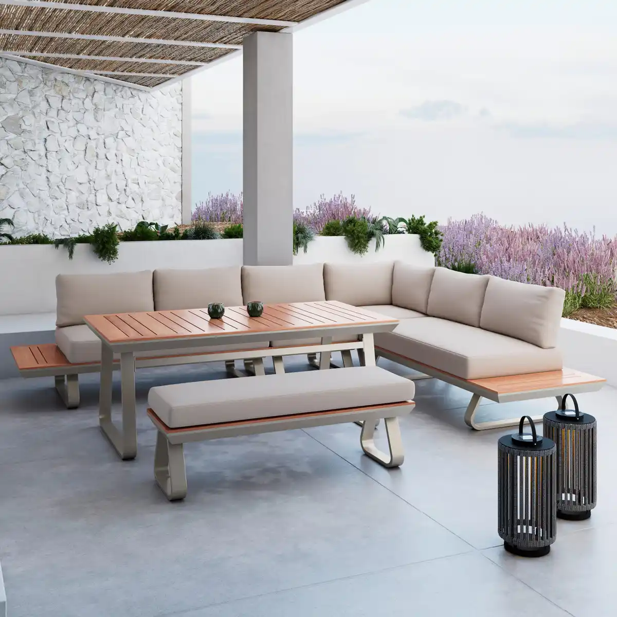 Bild 1 von Dining-Loungeset Emma Creme Outdoorstoff/Kiefer+Abdeckung, Creme