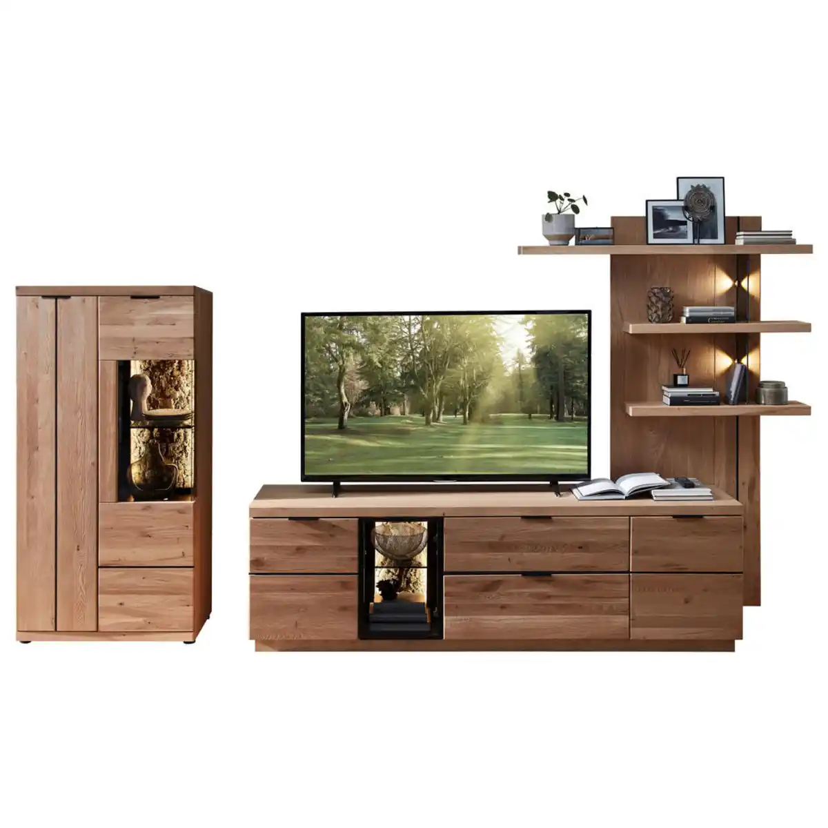 Bild 1 von Livetastic Wohnwand, Schwarz, Wildeiche, Metall, Wildeiche, Kork, furniert, massiv, Glas: 2 Holz: 8 Fächer, 1 Schubladen, 324x180x50 cm, Beimöbel erhältlich, Wohnzimmer, Wohnwände, Anbauwände