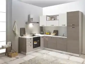 Eckküche Sofia mit Geräten ca. 195x270 cm Weiß/Ulmefarben, Creme, Eiche grau