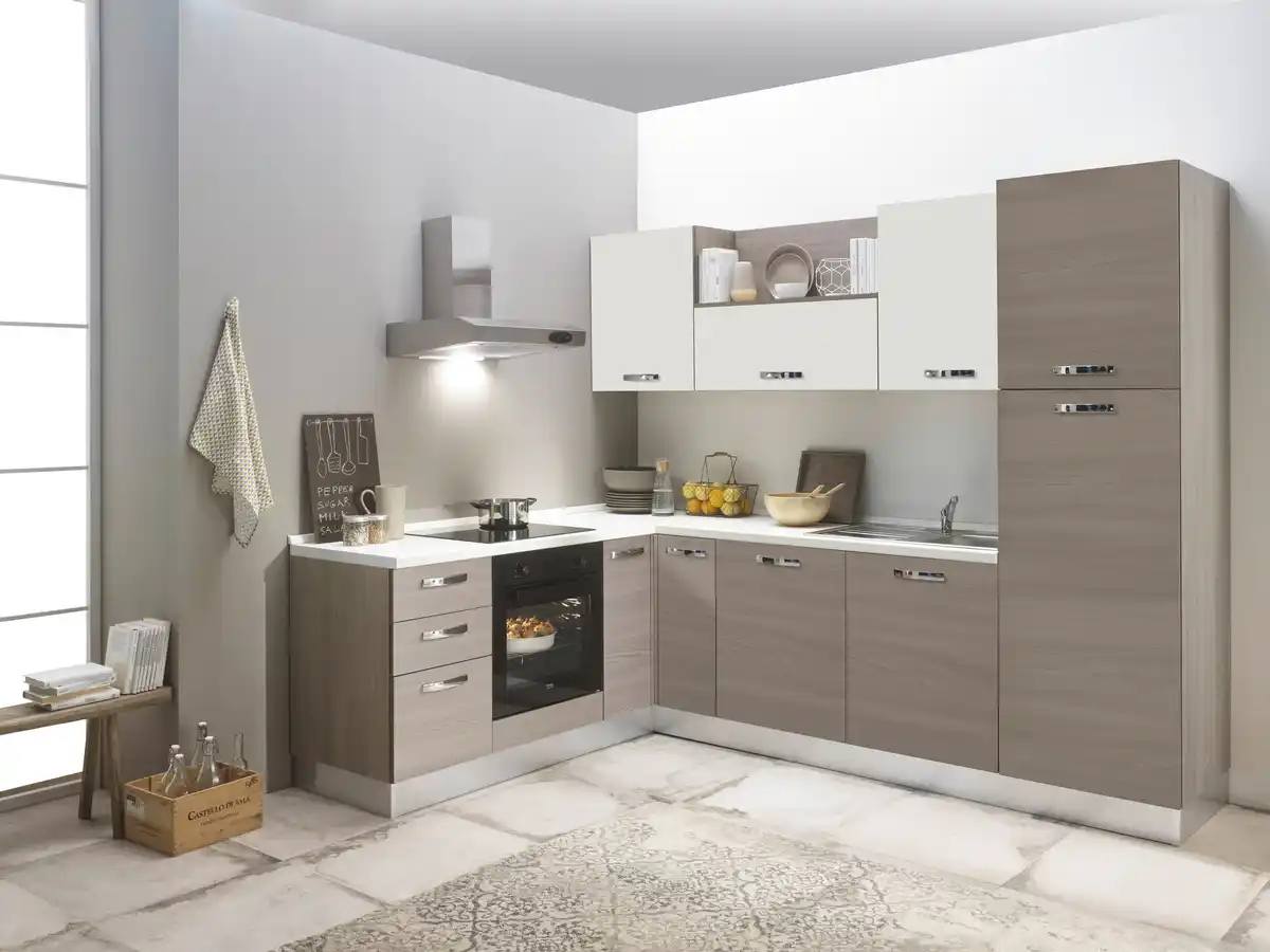 Bild 1 von Eckküche Sofia mit Geräten ca. 195x270 cm Weiß/Ulmefarben, Creme, Eiche grau