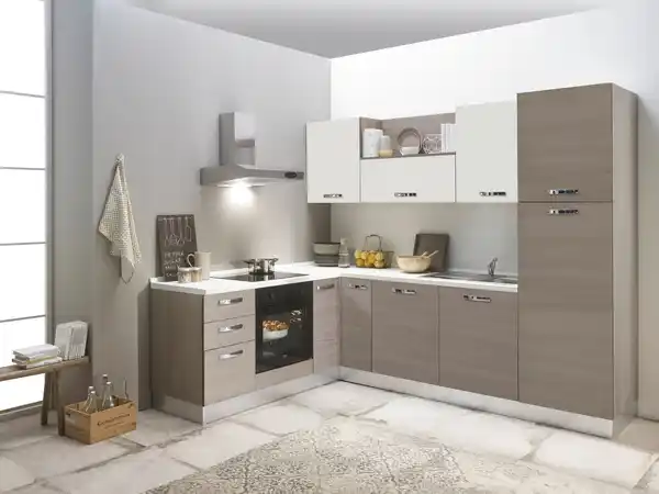 Bild 1 von Eckküche Sofia mit Geräten ca. 195x270 cm Weiß/Ulmefarben, Creme, Eiche grau