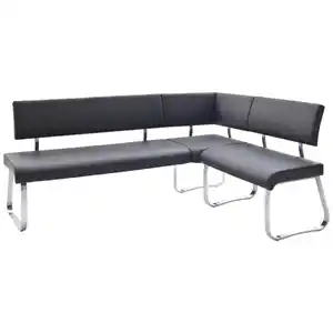 Livetastic Eckbank, Schwarz, Edelstahl, Metall, Leder, Echtleder, Rindleder, seitenverkehrt montierbar, L-Form, 200x150 cm, mit Rückenlehne, Esszimmer, Bänke, Eckbänke