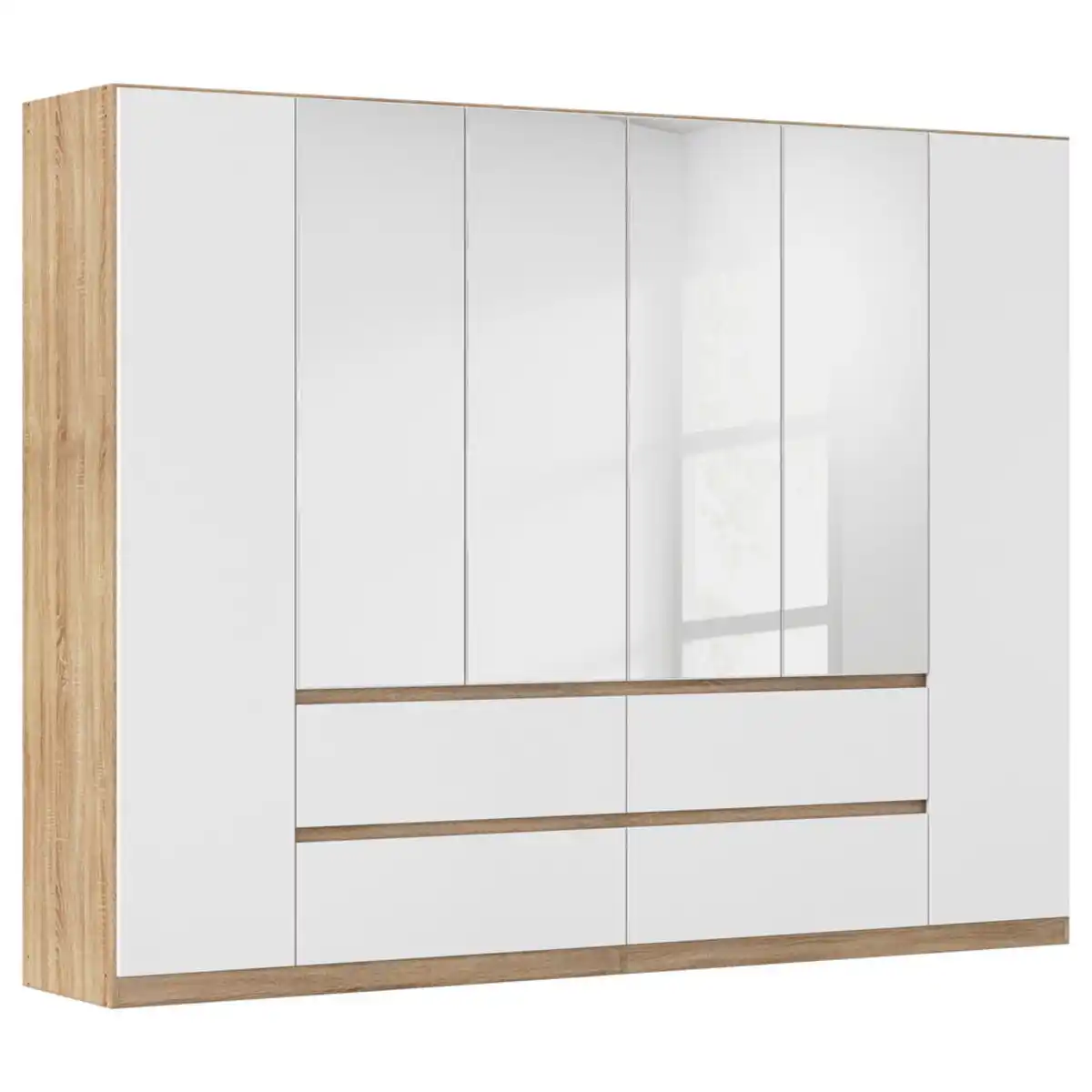 Bild 1 von Rauch Möbel Drehtürenschrank, Weiß, Eiche, Holzwerkstoff, 4 Fächer, 4 Schubladen, 271x210x54 cm, Blauer Engel, Goldenes M, Made in Germany, umfangreiches Zubehör erhältlich, griffloses Öffnen,