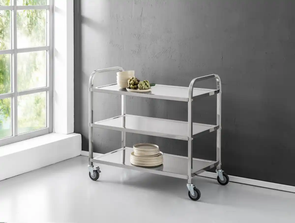 Bild 1 von Servierwagen mit 3 Böden & 4 Rollen aus Edelstahl, ca. 95 x 50 x 95 cm