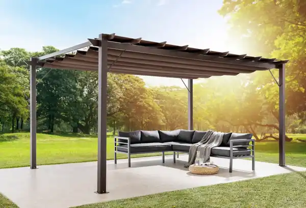 Bild 1 von Aluminium-Pavillon mit verstellbarem Sonnensegel, ca. 350 x 350 x 236 cm – Walnuss