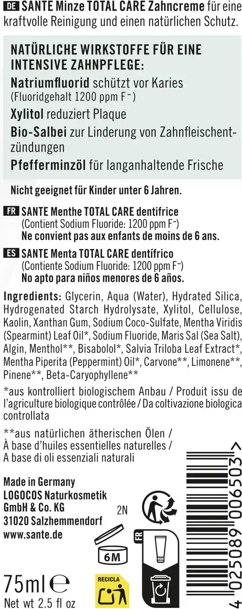 Bild 2 von Sante Minze Total Care Zahncreme, 75 ml