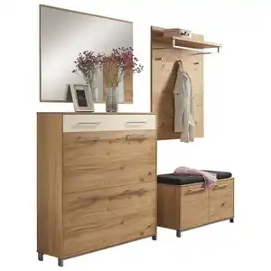 Garderobe, Weiß, Eiche, Holz, Glas, Textil, 5-teilig, Eiche, Balkeneiche, furniert, teilmassiv, Goldenes M, Made in Germany, DGM-Klimapakt, Garderobe, Garderoben-Sets & Serien