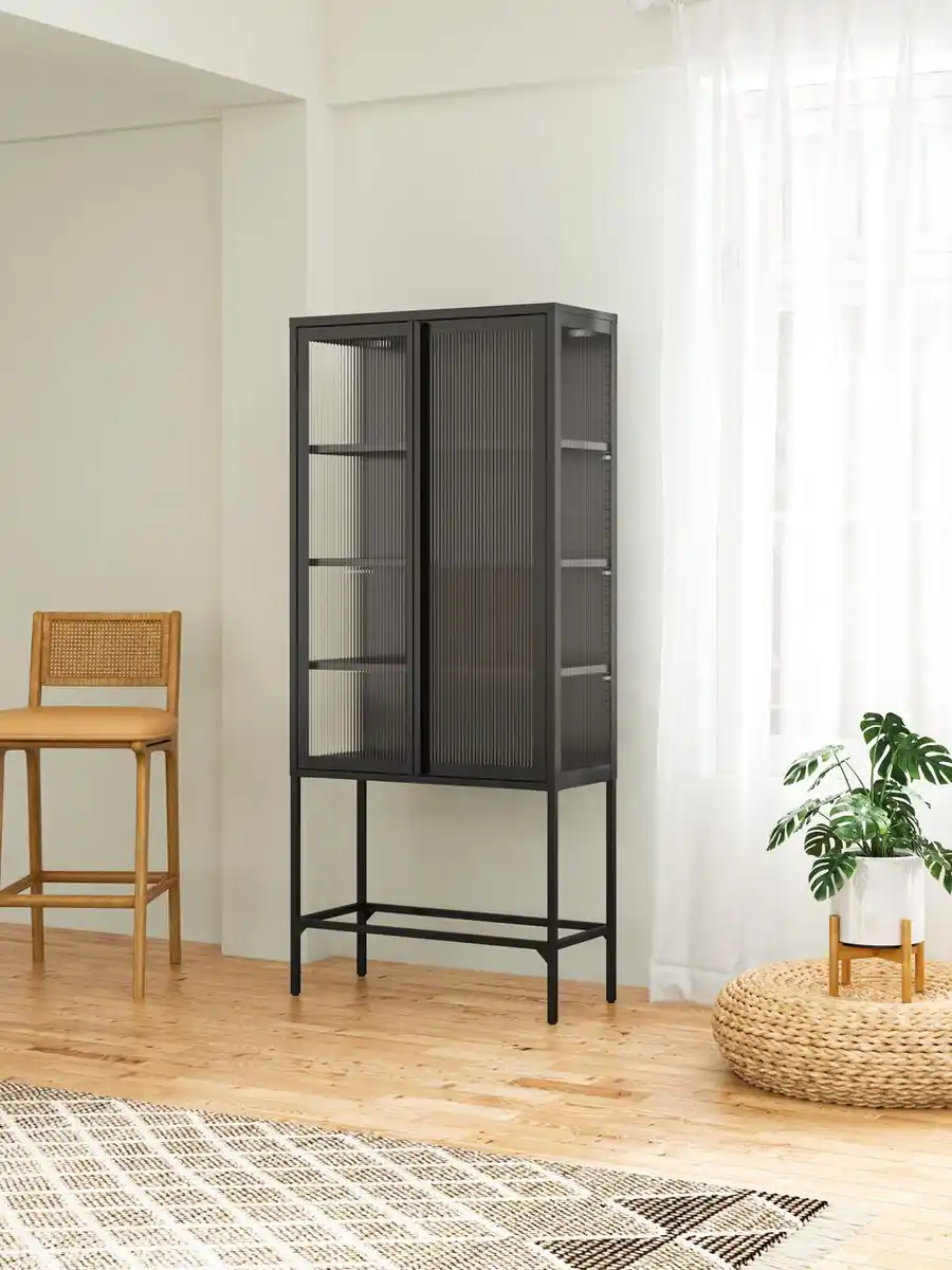 Bild 2 von Vitrinenschrank aus Metall mit gehärtetem MORU-Glas und Glas-Seiten, ca. 180 x 80 x 40 cm - Schwarz