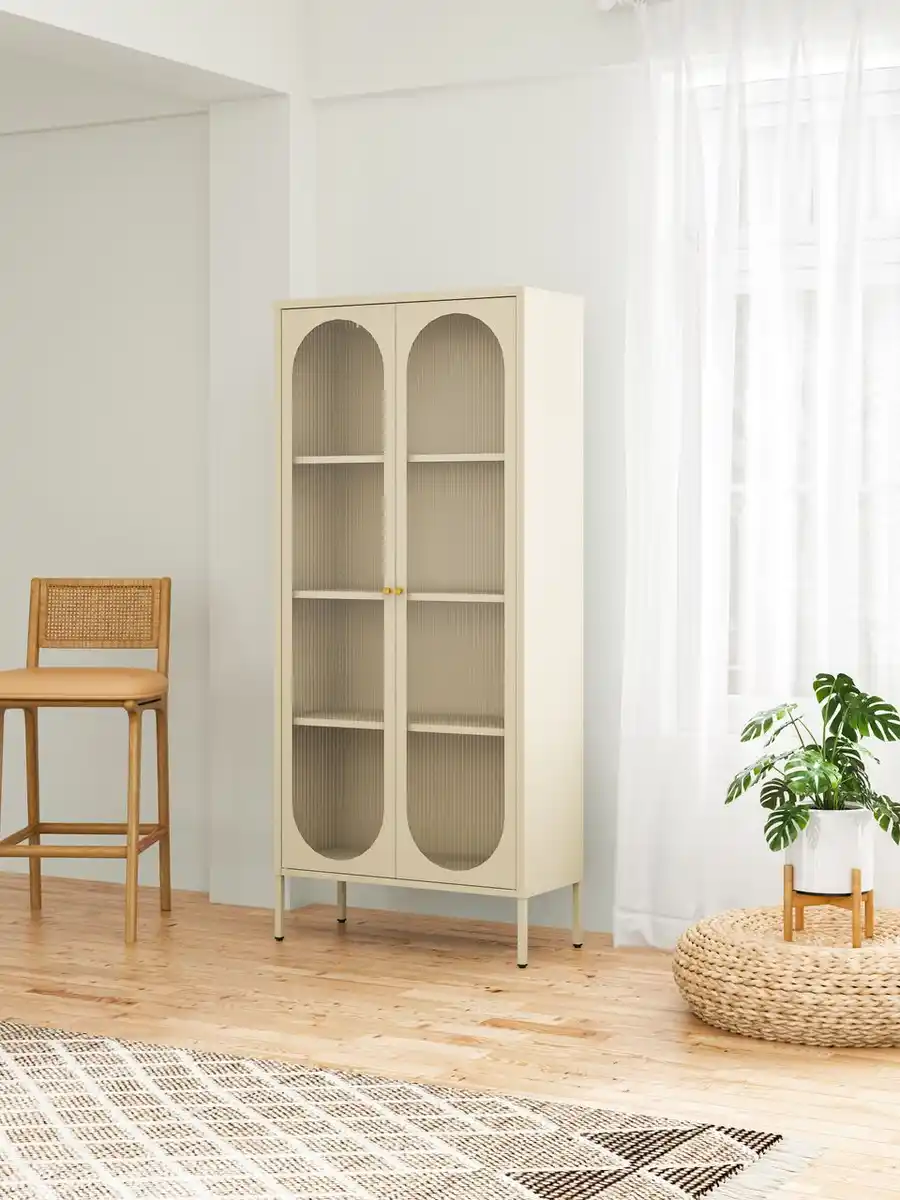 Bild 2 von Metallschrank Sideboard mit Sicherheitsglas-Türen MORU, ca. 180 x 80 x 35 cm - Creme