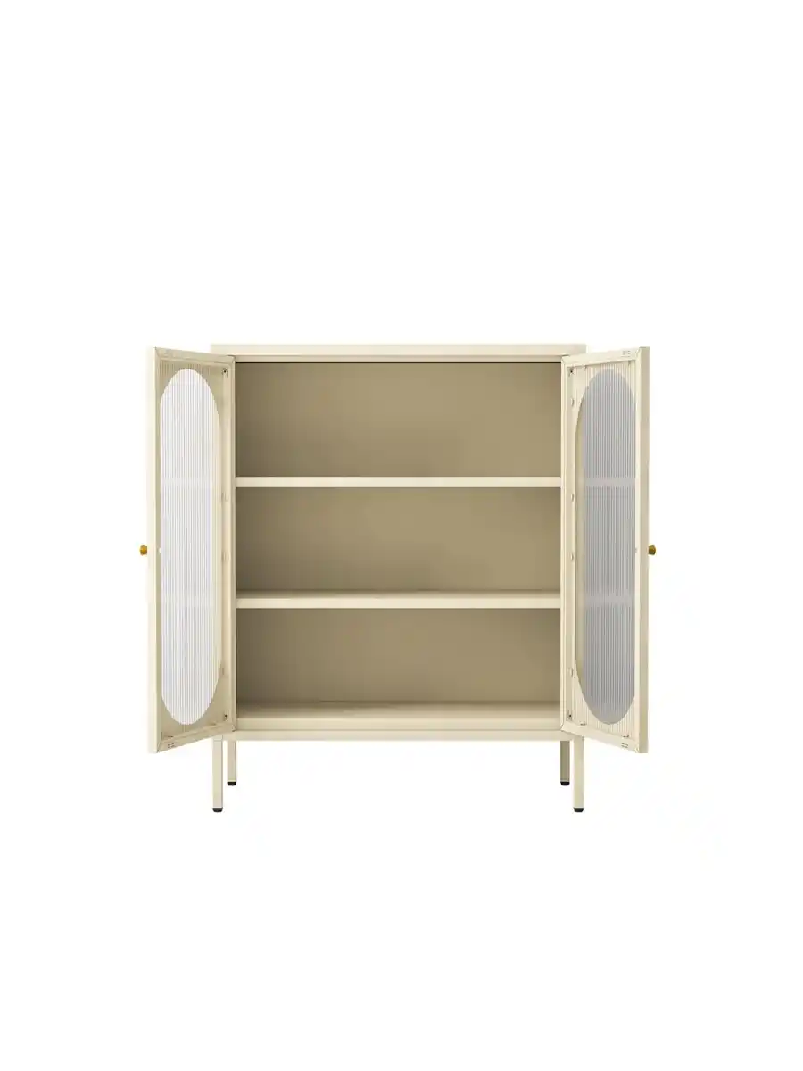 Bild 3 von Metallschrank Sideboard mit Sicherheitsglas-Türen MORU, ca. 110 x 80 x 40 cm - Creme