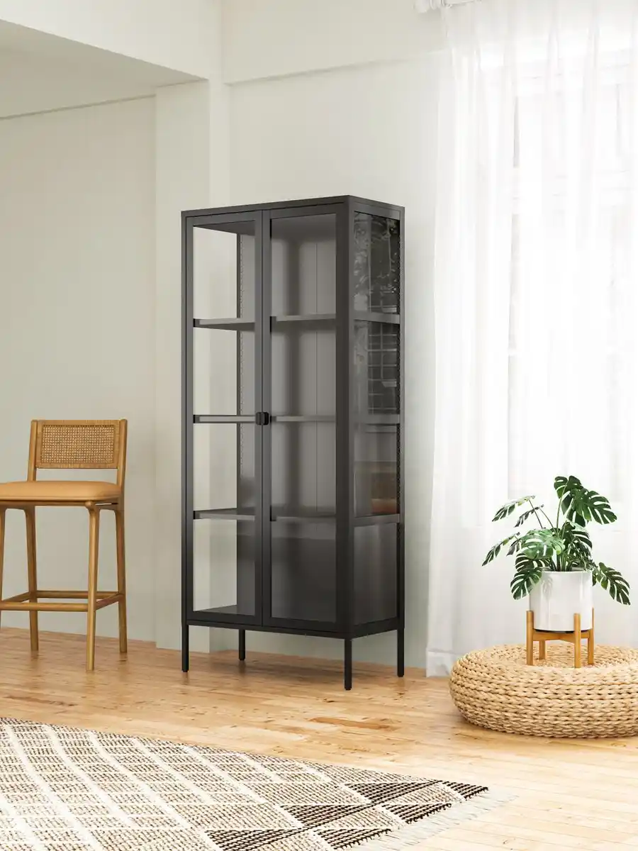 Bild 2 von Vitrinenschrank aus Metall mit klaren Glastüren, ca. 180 x 80 x 35 cm - Schwarz