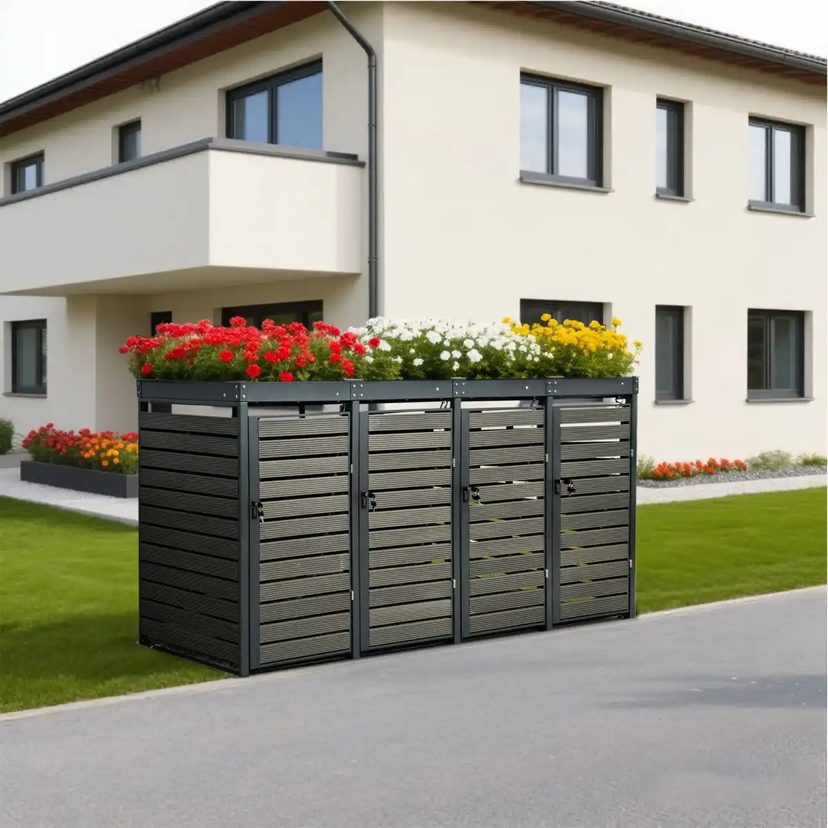 Bild 4 von 4er Mülltonnenverkleidung mit Pflanzdach aus verzinktem Stahl, ca. 260 x 80 x 124 cm - Anthrazit