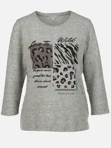Damen Flauschshirt mit Print und Glitzersteinchen Grau