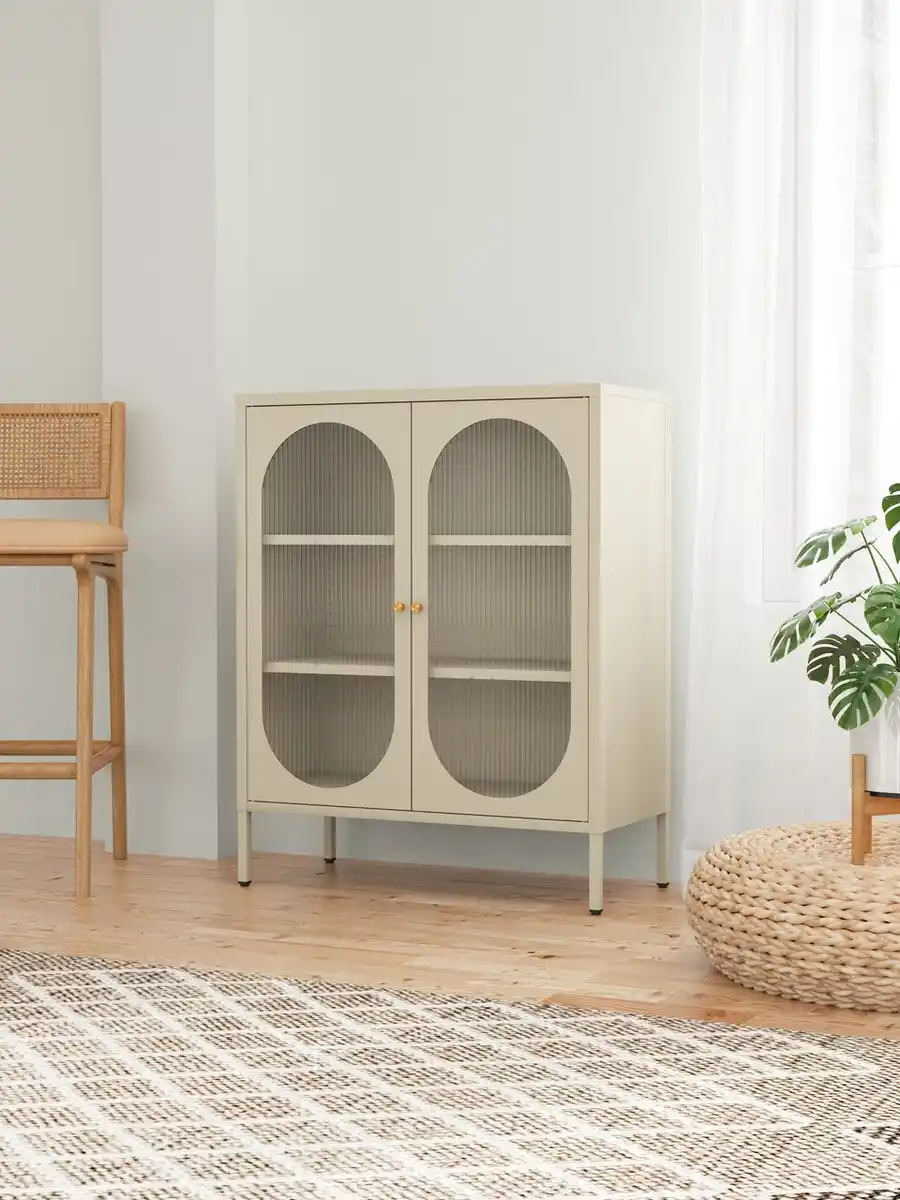 Bild 2 von Metallschrank Sideboard mit Sicherheitsglas-Türen MORU, ca. 110 x 80 x 40 cm - Creme