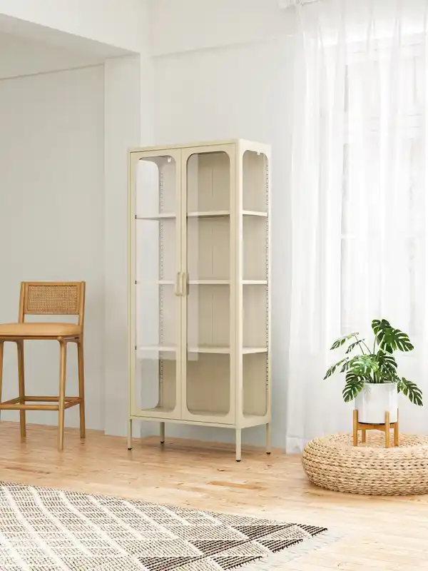Bild 2 von Vitrinenschrank aus Metall mit klaren Glastüren, ca. 180 x 80 x 40 cm - Creme