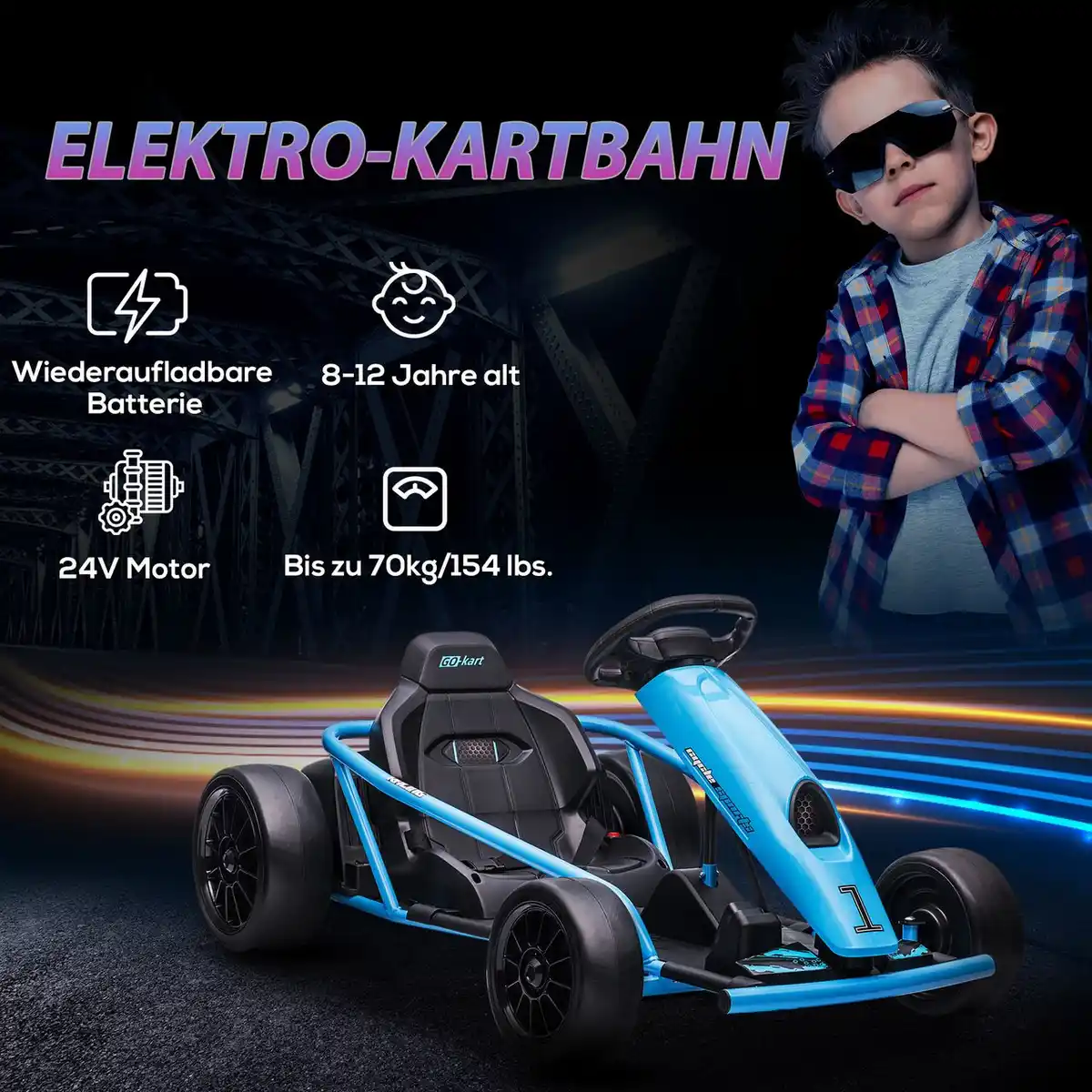 Bild 3 von HOMCOM Kinder Elektro Gokart Drift Kart mit langsamem Start, Musik, Hupe, Blau