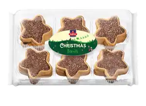 Weihnachts-Gebäck „Sterne“ knusprige Kekse mit Kakaocremefüllung und Zuckerperlen