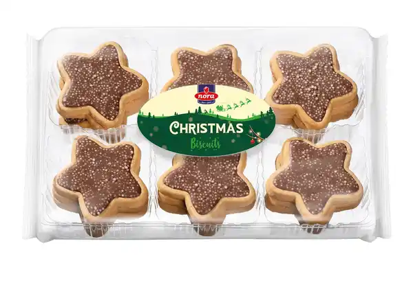 Bild 1 von Weihnachts-Gebäck „Sterne“ knusprige Kekse mit Kakaocremefüllung und Zuckerperlen