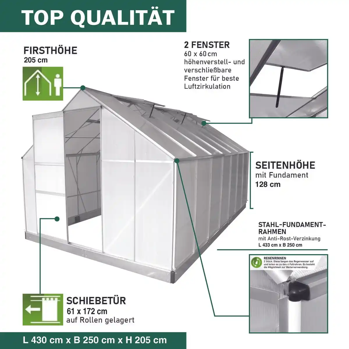 Bild 2 von Gewächshaus Alu OSAKA 430x250x205cm