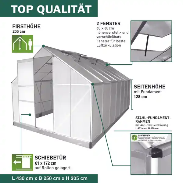 Bild 2 von Gewächshaus Alu OSAKA 430x250x205cm