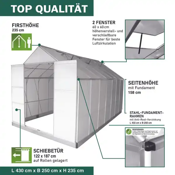 Bild 2 von Gewächshaus Alu OSAKA 430x250x235cm