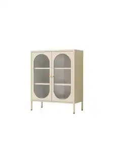 Metallschrank Sideboard mit Sicherheitsglas-TĂĽren MORU, ca. 110 x 80 x 40 cm - Creme