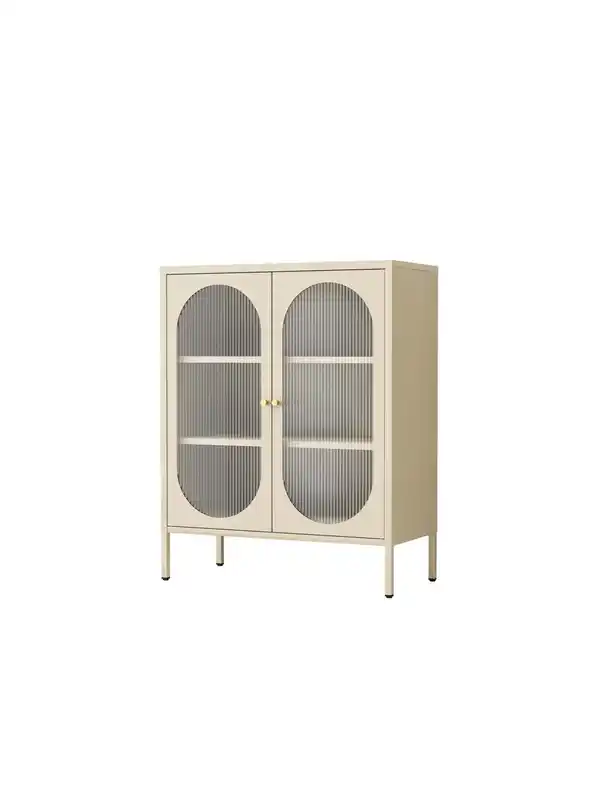Bild 1 von Metallschrank Sideboard mit Sicherheitsglas-Türen MORU, ca. 110 x 80 x 40 cm - Creme