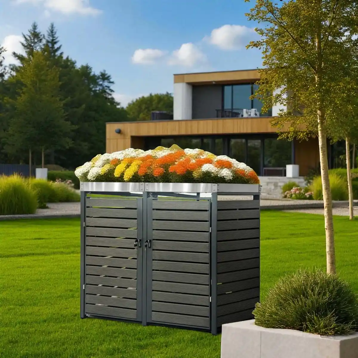 Bild 4 von 2er Mülltonnenverkleidung mit Pflanzdach aus Edelstahl, ca. 132 x 80 x 124 cm - Anthrazit