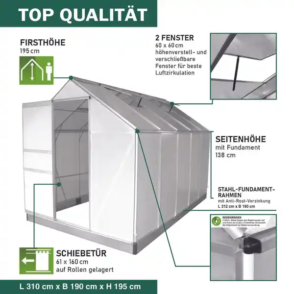 Bild 2 von Gewächshaus Alu OSAKA 310x190x195cm