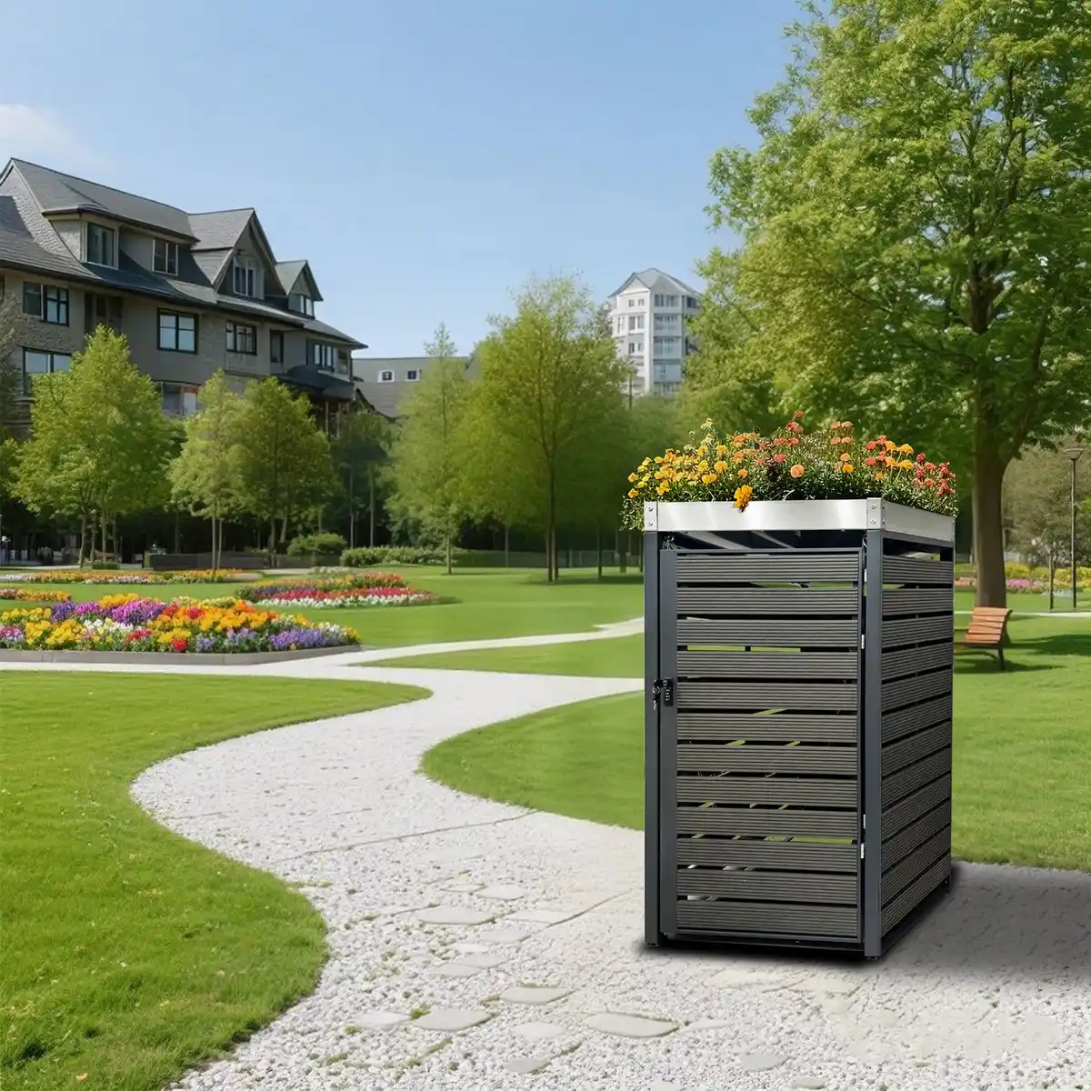 Bild 4 von 1er Mülltonnenverkleidung mit Pflanzdach aus Edelstahl, ca. 68 x 80 x 124 cm - Anthrazit