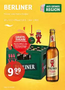 BERLINER Pilsner oder Natur RadlerGratiszugabe beim Kauf eines Kastens: Flaschenöffner oder Christbaumkugel, nur solange der Vorrat reicht.