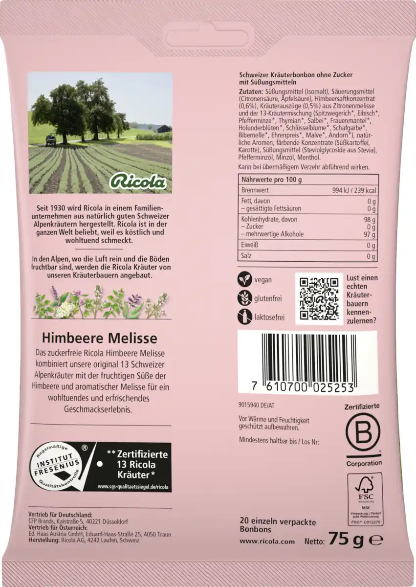 Bild 2 von Ricola Himbeere Melisse Hustenbonbons (20 Stück), 75 g