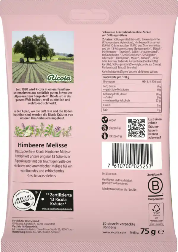 Bild 2 von Ricola Himbeere Melisse Hustenbonbons (20 Stück), 75 g