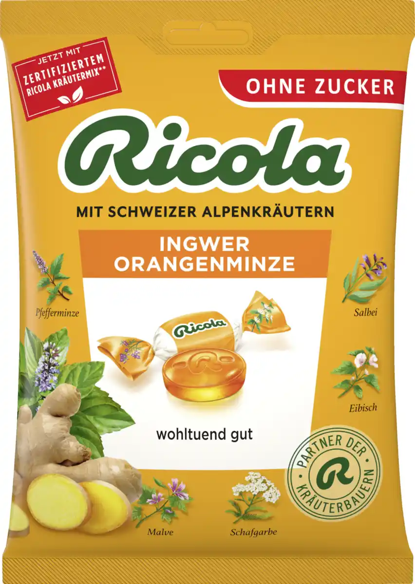 Bild 1 von Ricola Ingwer Orangenminze Hustenbonbons (20 Bonbons), 75 g