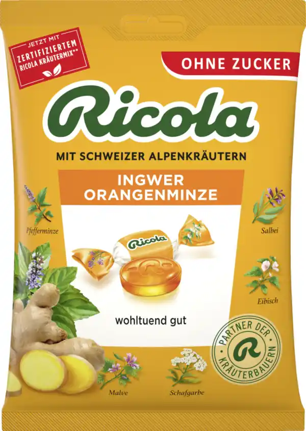 Bild 1 von Ricola Ingwer Orangenminze Hustenbonbons (20 Bonbons), 75 g