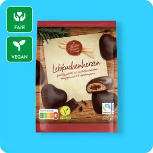 WINTERTRAUM Lebkuchenherzen, Mit Zartbitterschokolade überzogen und 9 % Aprikosenpüree oder mit Vollmilchschokolade überzogen und 9 % Aprikosenpüree